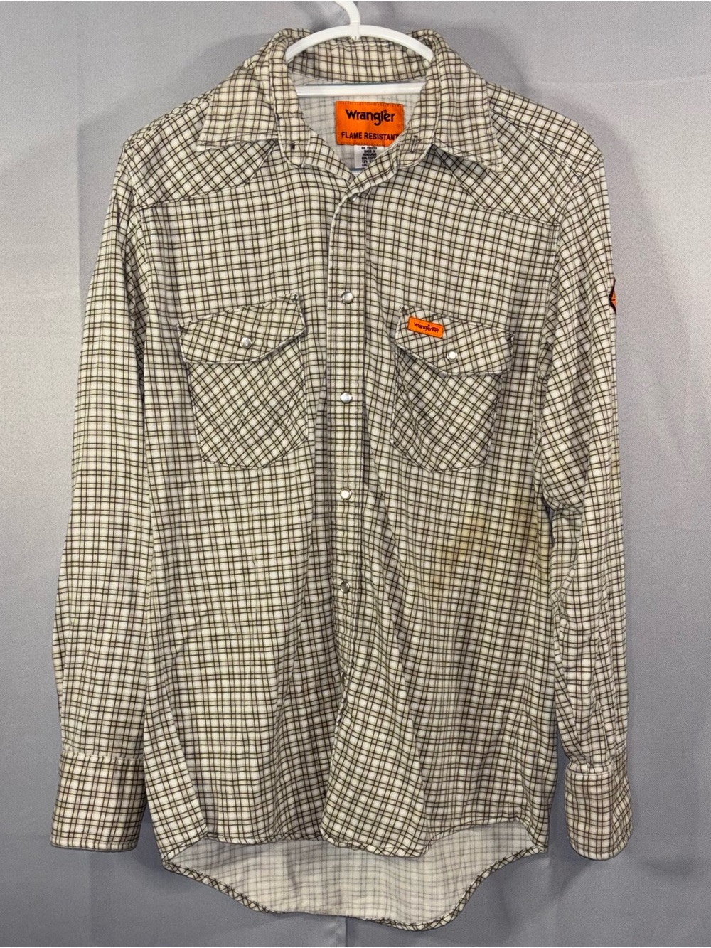 Wrangler FR Flame Resistant Plaid Work Shirt M Stained